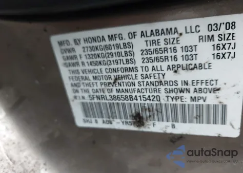 2008 Honda Odyssey Ex-L из США, поврежденный, VIN 5FNRL38658B415420